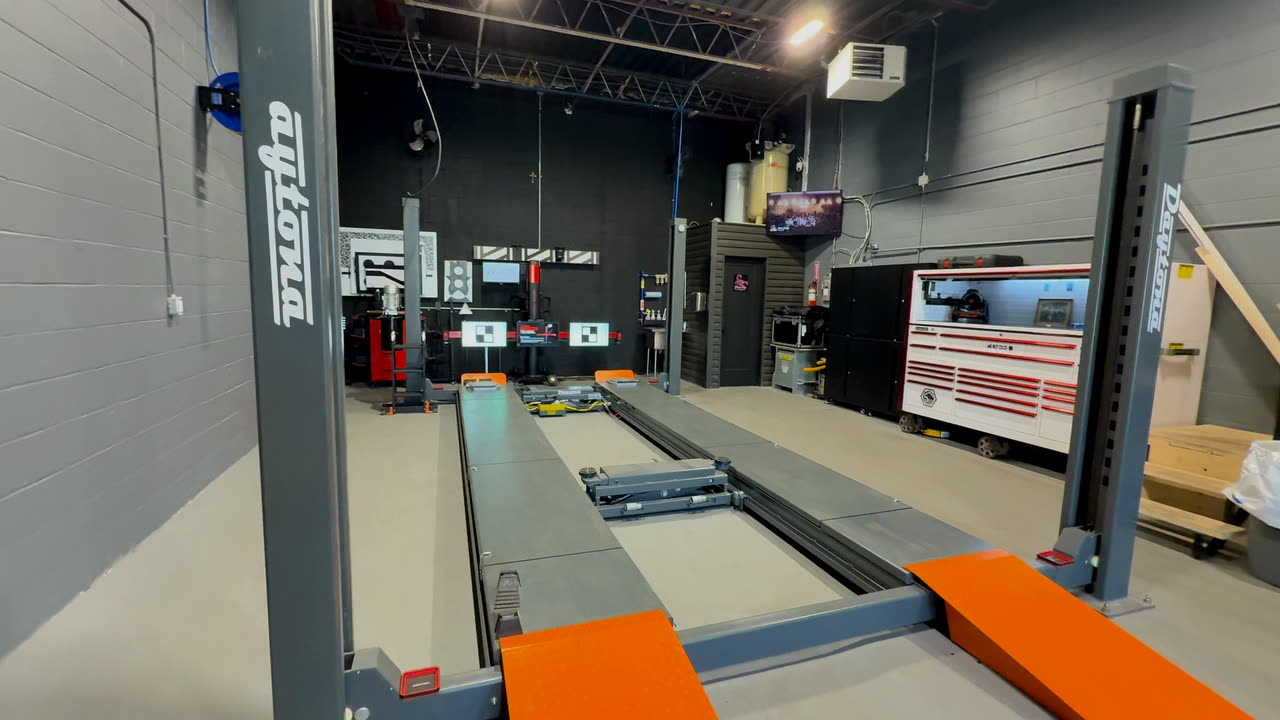 The alignment bay from the side, with the tool chest along the right wall