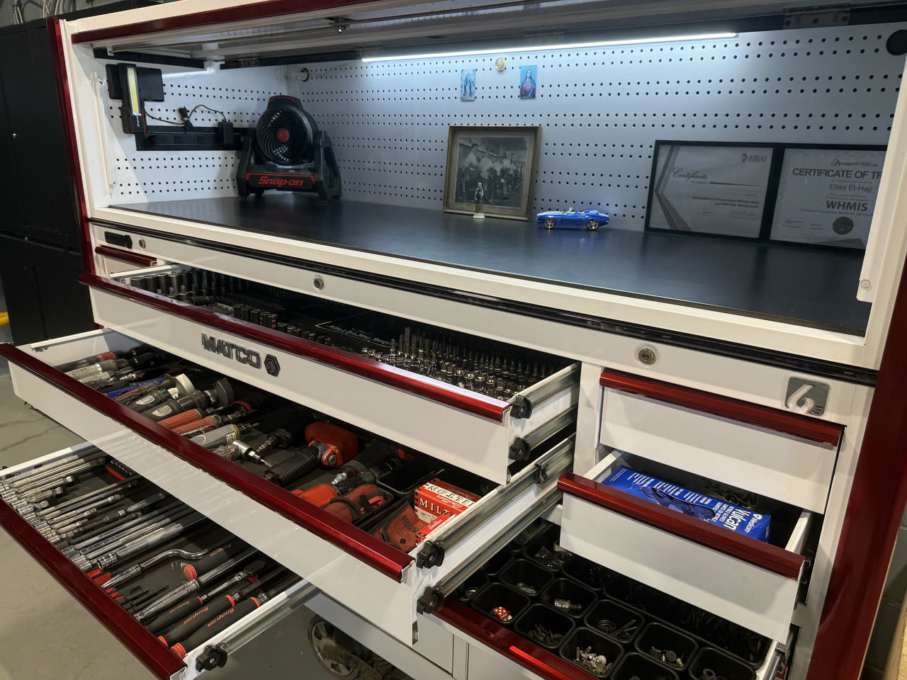 Open drawers of the Matco tool chest