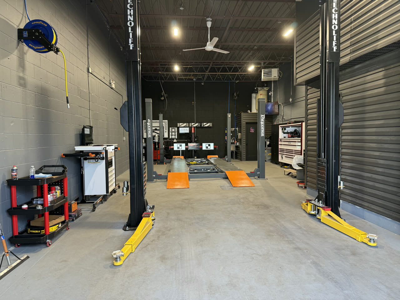 The two post lifts, looking back toward the alignment bay